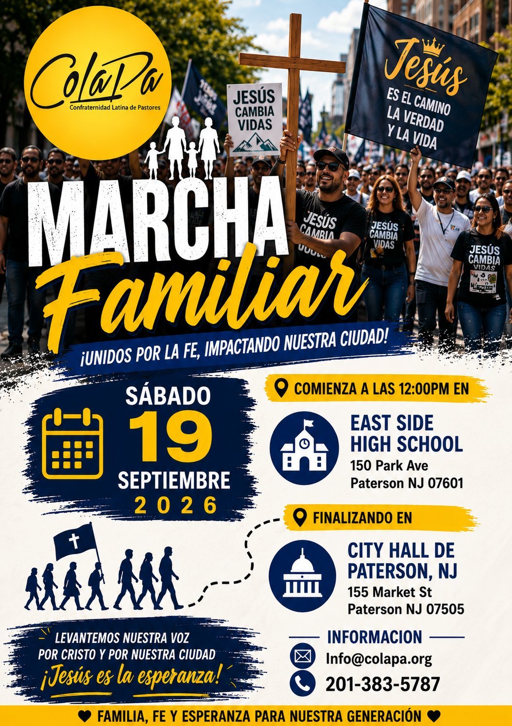 Poster oficial de la Marcha Familiar organizada por Colapa — sábado 19 de septiembre de 2026, salida desde East Side High School 150 Park Ave Paterson NJ 07601 y finalización en el City Hall de Paterson 155 Market St Paterson NJ 07505
