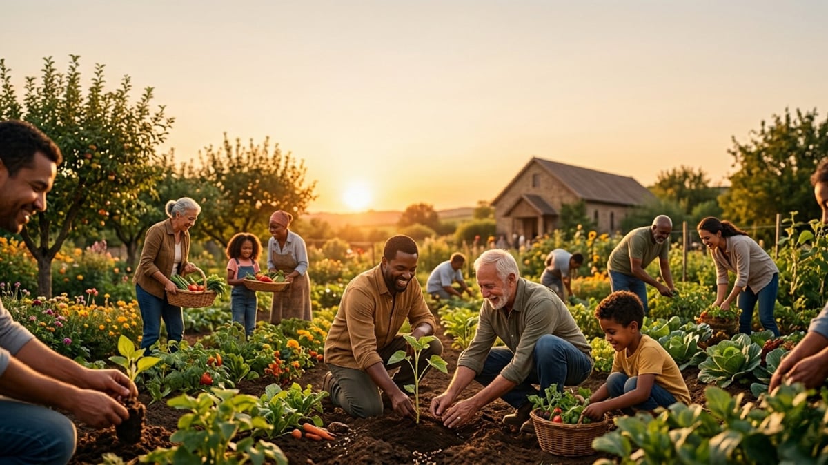 Familia multigeneracional cosechando vegetales en una huerta comunitaria al atardecer, imagen que representa la siembra generosa del Concilio