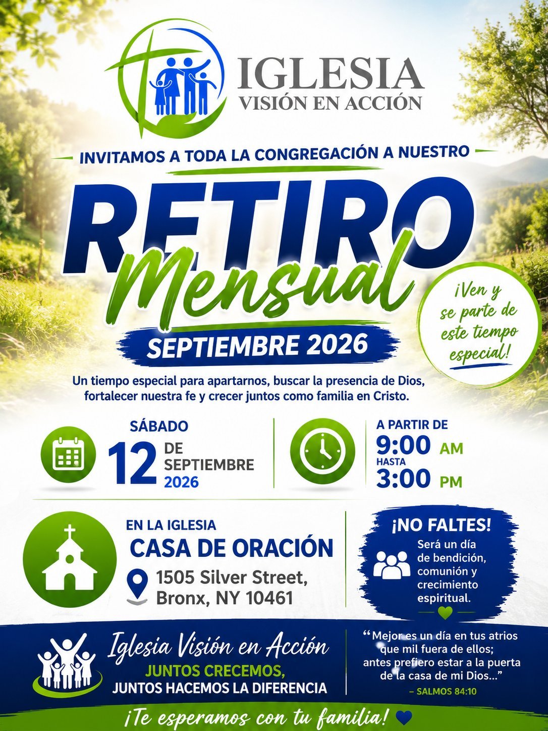 Flyer oficial del Retiro Mensual de Septiembre 2026 de la Iglesia Visión en Acción — sábado 12 de septiembre de 2026 de 9:00 AM a 3:00 PM en la Casa de Oración, 1505 Silver Street, Bronx, NY 10461. Cita bíblica: Salmos 84:10