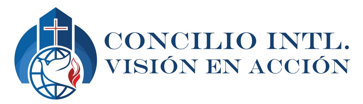 Concilio Intl. Visión en Acción logo con globo, cruz y paloma en azul y rojo