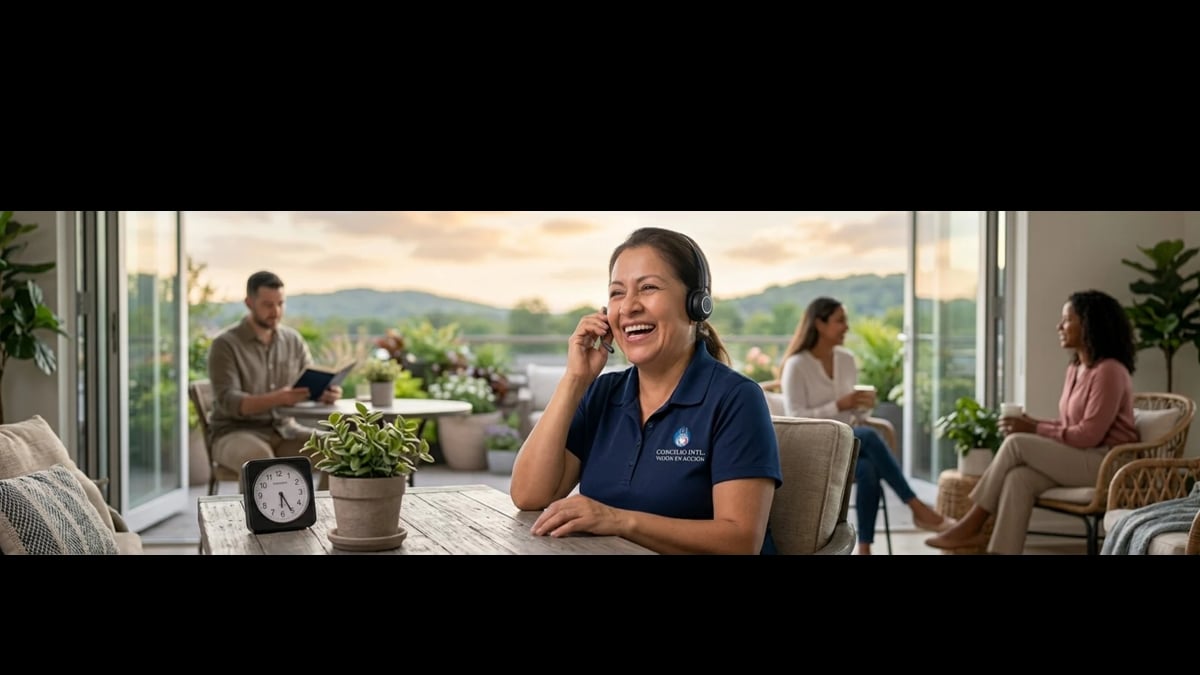Mujer sonriente con camiseta del Concilio Internacional Visión en Acción atendiendo una llamada con auriculares en una sala luminosa, imagen que representa el equipo del Concilio siempre disponible para ayudar