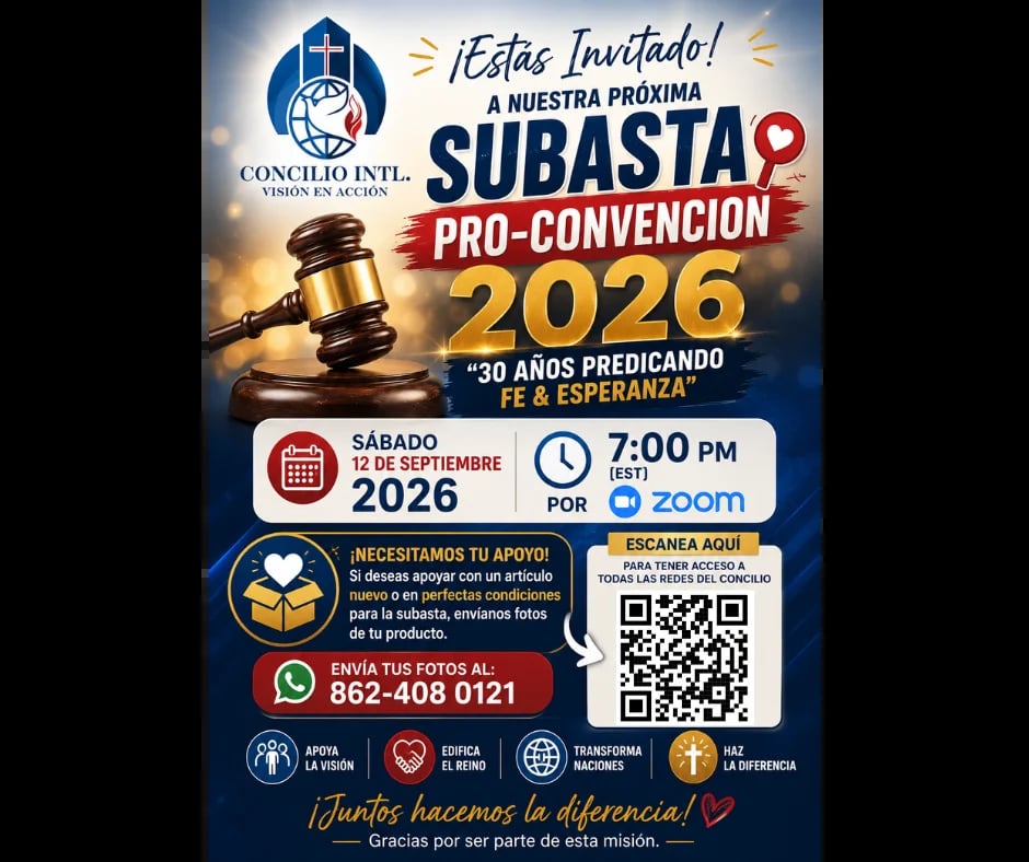 Flyer oficial de la Subasta Pro-Convención 2026 del Concilio Visión en Acción — sábado 12 de septiembre a las 7:00 PM por Zoom, con código QR para donar artículos
