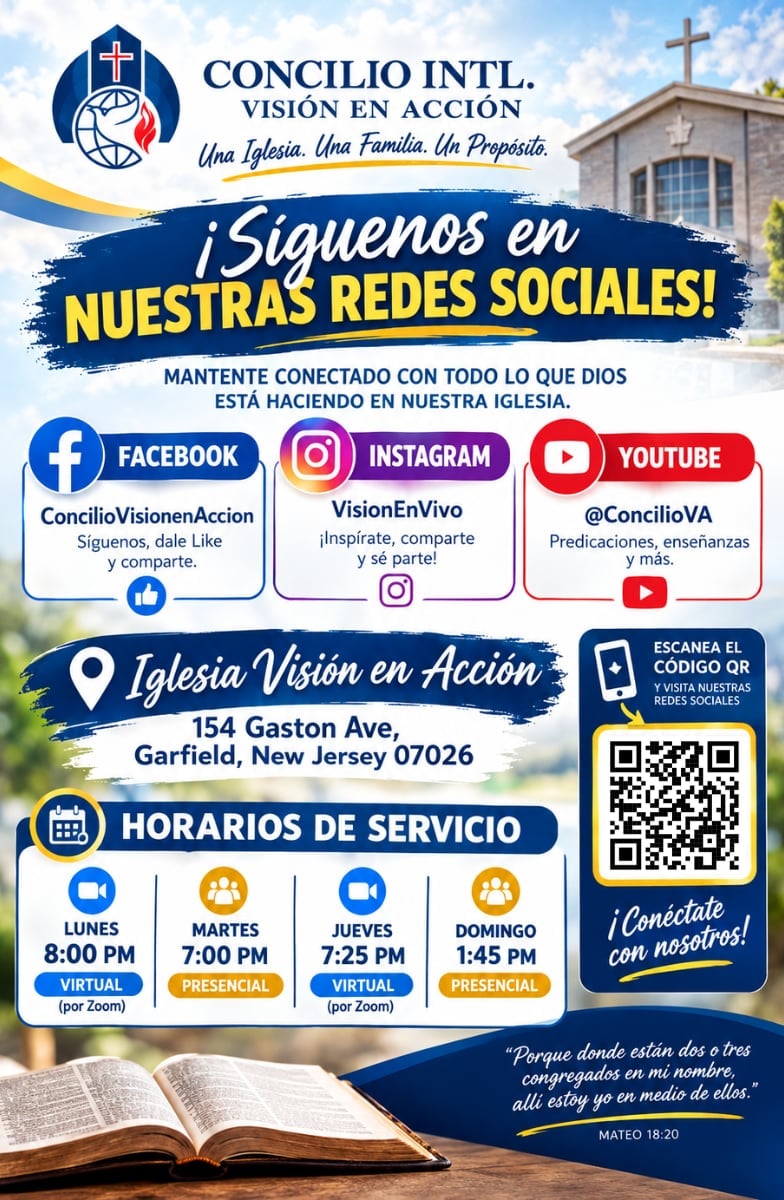 Flyer de redes sociales del Concilio Internacional Visión en Acción — Síguenos en Facebook (ConcilioVisionenAccion), Instagram (VisionEnVivo) y YouTube (@ConcilioVA). Incluye horarios de servicio de la Iglesia Visión en Acción: Lunes 8:00 PM virtual por Zoom, Martes 7:00 PM presencial, Jueves 7:25 PM virtual por Zoom y Domingo 1:45 PM presencial. Cita: Mateo 18:20
