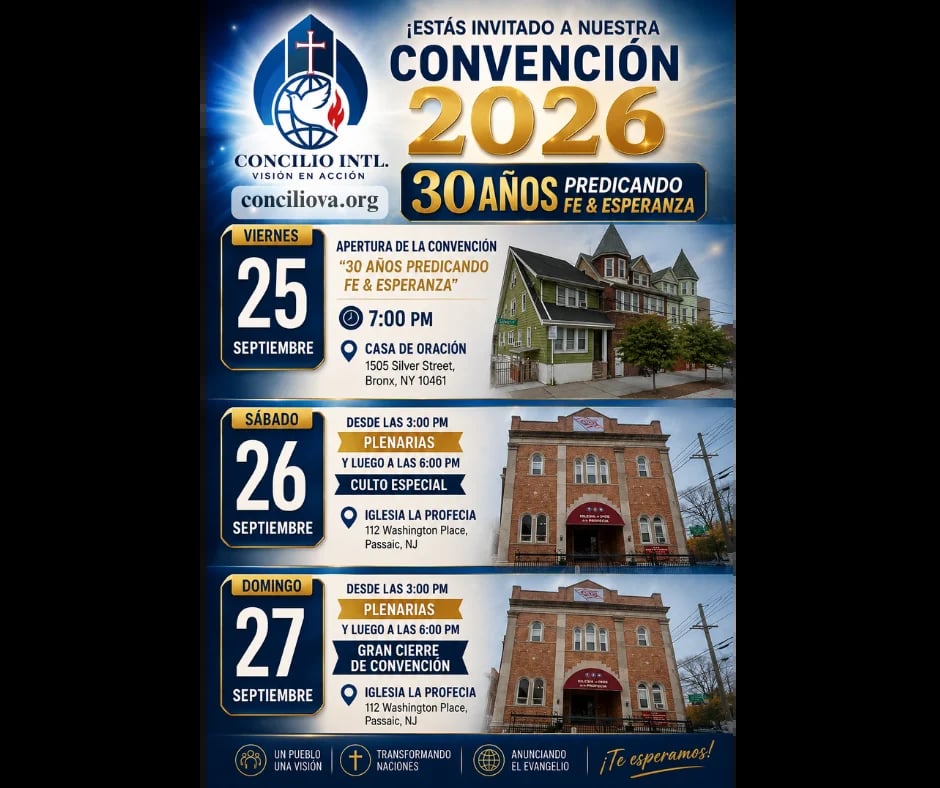 Flyer oficial de la Convención 2026 del Concilio Internacional Visión en Acción — '30 Años Predicando Fe & Esperanza' con cronograma de los días Viernes 25 (Apertura en Casa de Oración, Bronx NY 10461), Sábado 26 (Plenarias 3 PM y Culto Especial 6 PM en Iglesia La Profecía, 112 Washington Place Passaic NJ) y Domingo 27 (Plenarias 3 PM y Gran Cierre 6 PM en Iglesia La Profecía)